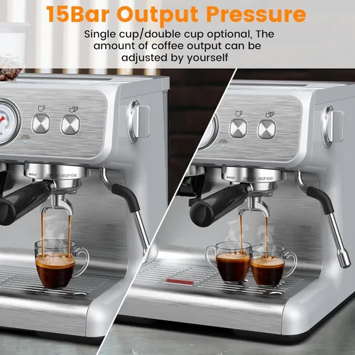 Vista 3 de Máquina de café expreso con molinillo integrado, cafetera profesional de 15 barras con espumador de leche, cafetera espresso de acero inoxidable