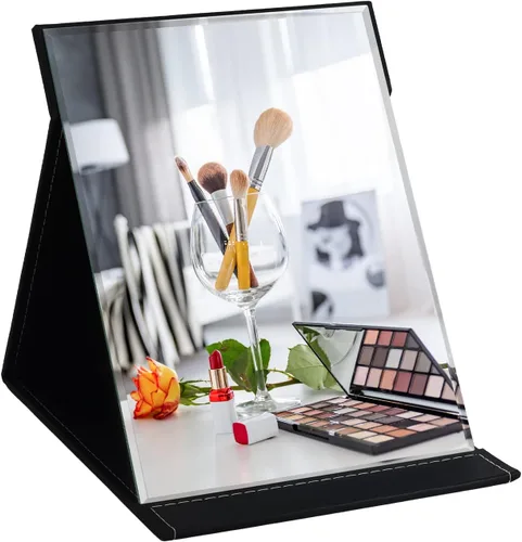 ZBEIVAN Espejo de maquillaje plegable portátil extra grande de 12 x 9 pulgadas, espejo de tocador de piel sintética sin marco con soporte para mesa