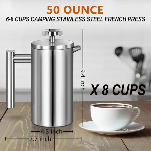 Vista 2 de Cafetera grande de prensa francesa de 50 oz (1.5L), prensa de té aislada de doble pared de acero inoxidable 304 para acampar, hacer senderismo