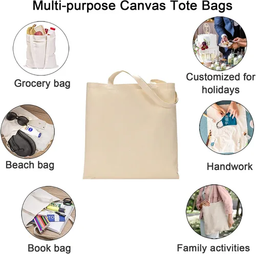Vista 4 de FunisFun Paquete de 12 Bolsas de Lona en Blanco a Granel Bolsas de Compras Reutilizables para Supermercado para Manualidades con una Hoja de Teflón