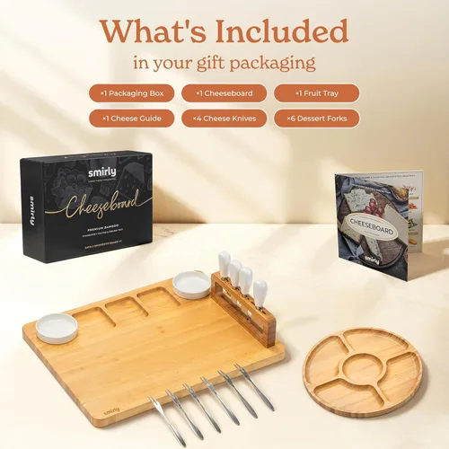 Vista 2 de SMIRLY Juego de tablas de charcutería, juego de tablas de queso grande, bandeja de bambú natural para quesos con accesorios, regalos de inauguración