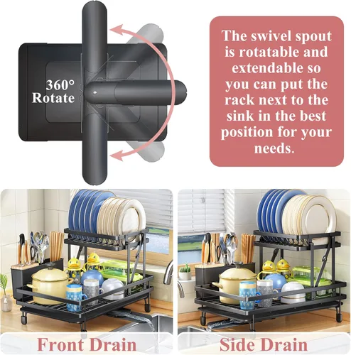 Vista 4 de SNTD Escurridor de platos, escurridor de platos grande plegable de 2 niveles para encimera de cocina, escurridor de platos de drenaje automático