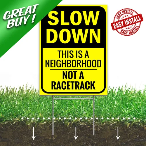 Vista 6 de Letrero de "Slow Down" de 16" x 12" - This Is a Neighborhood, Not a Racetrack - Doble cara con estaca en H para vecindarios