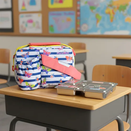 Vista 5 de PlanetBox Rover - Lonchera estilo Bento de acero inoxidable para jóvenes con 5 compartimentos, edición mariposas incluye bolsa de almuerzo aislada