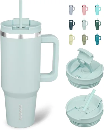 Vista 13 de BJPKPK - Vaso de 40 onzas con asa, vasos aislados con tapa y pajilla, de acero inoxidable, vaso térmico, color limón