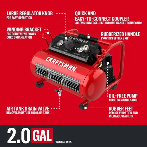 Vista 2 de CRAFTSMAN Compresor de aire, compresor de aire portátil de 2 galones, 1/3 HP máximo 125 PSI sin aceite, peso ligero con kit de accesorios de 10