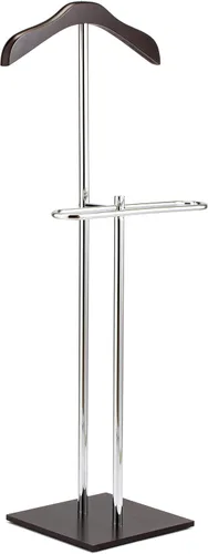 Vista 8 de MyGift Moderno soporte de valet de ropa con colgador rústico de madera maciza quemada, base de madera redonda y soporte industrial de metal negro