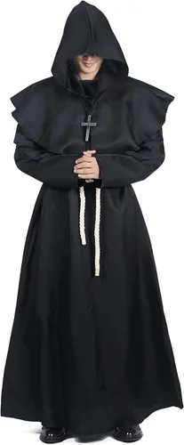 Vista 3 de Qerhod Disfraz de Halloween para cosplay, medieval con capucha, bata de monje para hombre, incluye collar