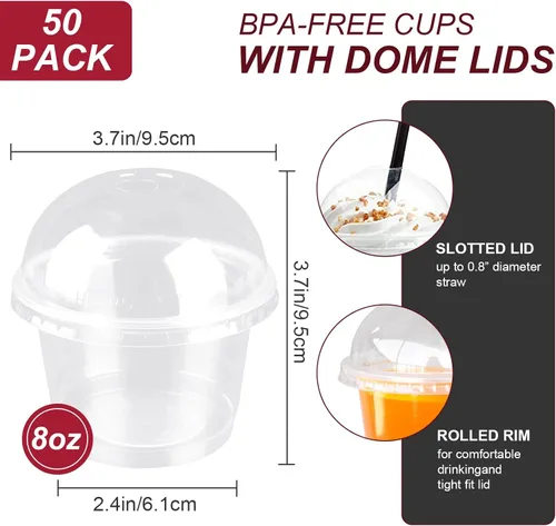 Vista 2 de Qyyiguf 50 vasos de plástico transparente de 8 onzas con tapas de cúpula, tazas de cristal PET para parfait, tazas de postre desechables, vasos