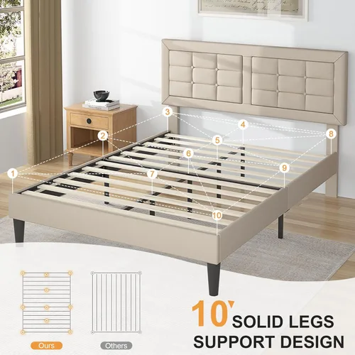 Vista 13 de VECELO Full Size Bed Frame with Storage Drawers, Upholstered Platform Bedframe with Wingback Headboard, No Box Spring Needed, Light Grey