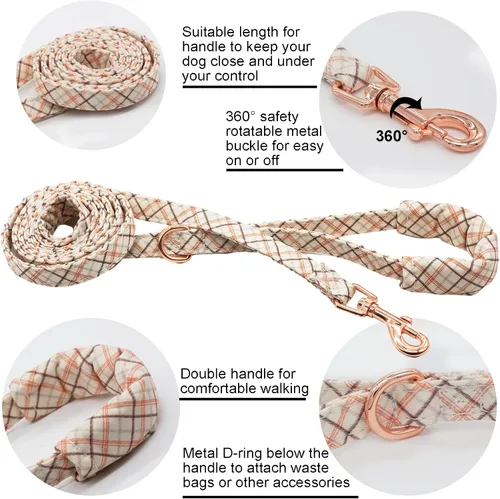 Vista 3 de Juego de correa de collar de perro a cuadros con corbatín ajustable lindo collar para cachorros con hebilla de metal duradera para perros pequeños