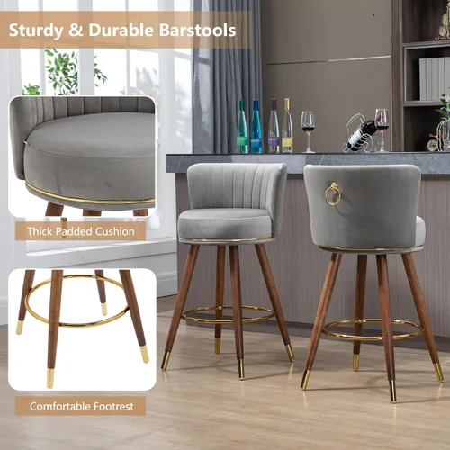 Vista 5 de Juego de 4 taburetes de bar, taburetes de bar tapizados de terciopelo, taburete giratorio con respaldo para isla de cocina, comedor, gris