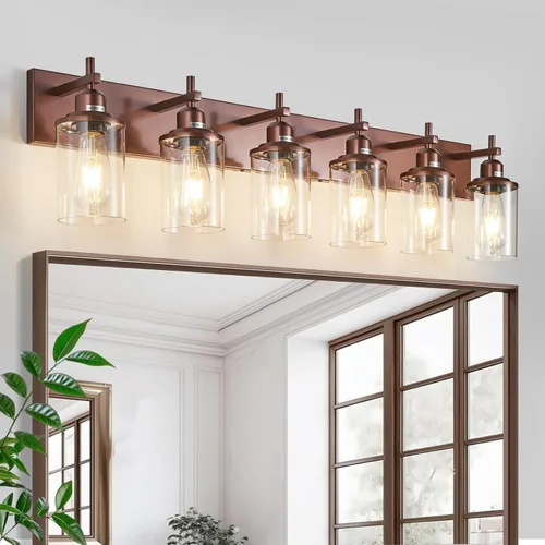 Vista 21 de Lanhall Lámpara de baño de 3 luces, estilo granja, vintage, sobre espejo, de metal pintado en madera y negro con pantalla de cristal, enchufe E26