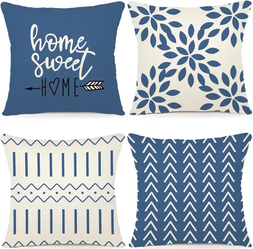 Vista 13 de YCOLL Juego de 4 fundas de almohada de 20 x 20 pulgadas, modernas fundas de almohada decorativas de tela de lino para exteriores, para sofá, cama