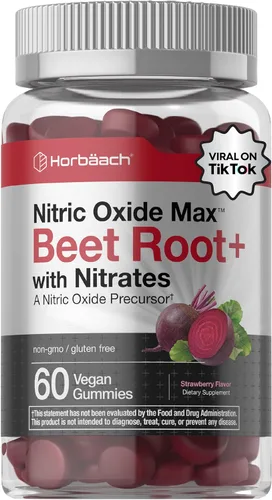 Horbäach Gomitas de Raíz de Remolacha con Óxido Nítrico | 60 unidades | con Nitratos | Sabor a Fresa | Suplemento Vegano, Sin OMG, Sin Gluten