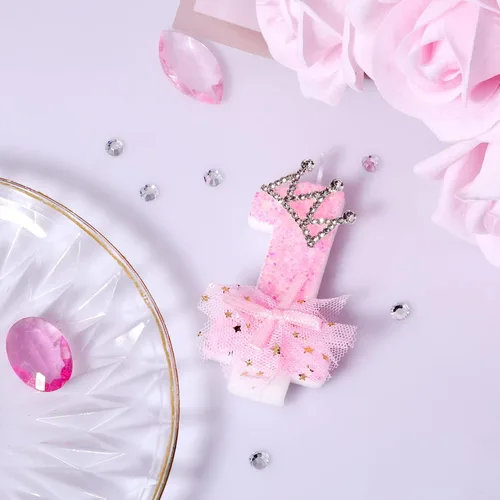 Vista 3 de Velas de número de cumpleaños, velas de malla con lazo de corona de 2.95 pulgadas, velas de números rosas con purpurina, velas de cumpleaños