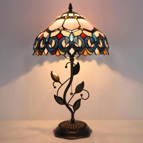 Vista 5 de Tiffany Table Lamp, Pink Stained Glass Desk Light, W12H19 Inch, Metal Leaf Base (Pink Baroque Style)