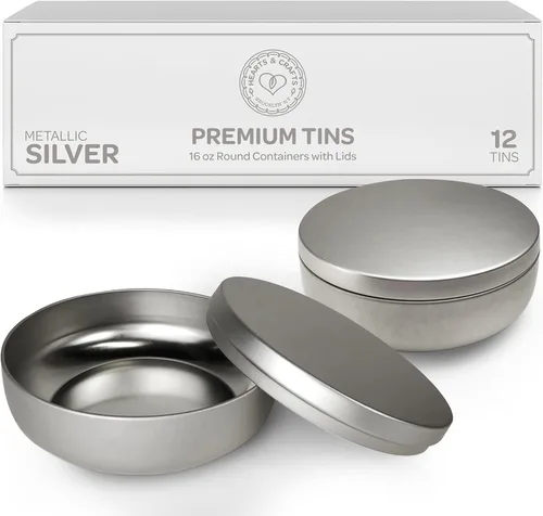 Hearts & Crafts Latas plateadas para velas de 16 onzas con tapas, paquete de 12 tarros de velas a granel para hacer velas, artes y manualidades,