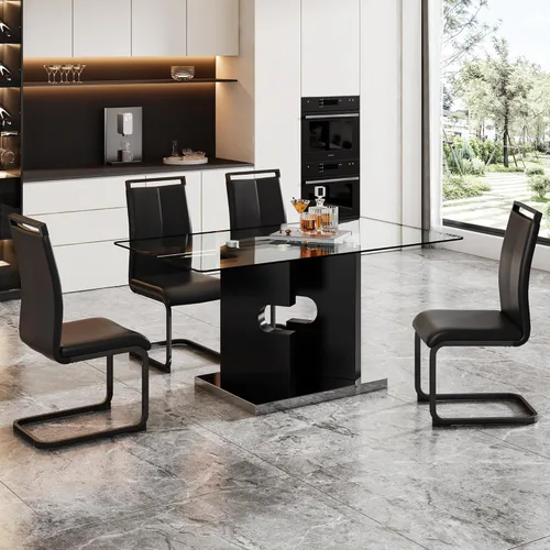Juego de mesa de comedor de cristal para 4,5 piezas, tablero de mesa de vidrio templado y base de MDF de diseño moderno con 4 sillas de comedor