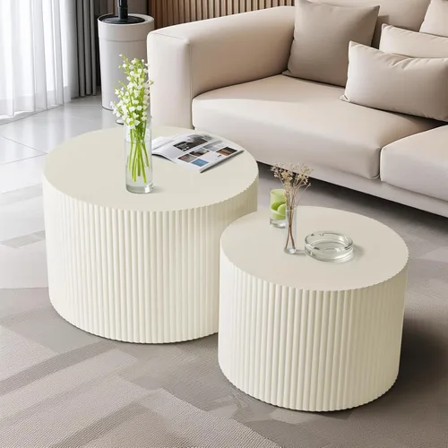 Juego de 2 mesas auxiliares anidadas, moderna mesa de centro redonda con rayas laterales para sala de estar, dormitorio, color beige