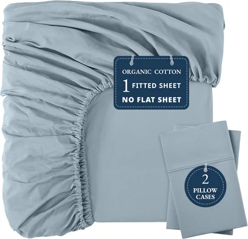 Vista 52 de LANE LINEN Sábanas ajustadas tamaño full, 100% algodón orgánico, juego de 3 piezas (1 sábana ajustada, 2 fundas de almohada), tejido percal, sábanas
