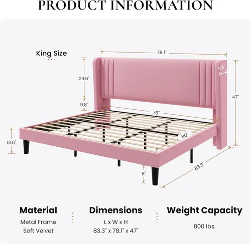 Vista 54 de SHA CERLIN Base de cama tapizada de terciopelo de tamaño matrimonial con cabecera de ala capitonada de canal vertical, soporte de listones
