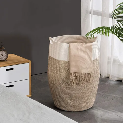 Vista 5 de YOUDENOVA - Cesta grande para ropa sucia de cuerda de algodón tejida,canasto de lavandería para el cuarto de lavar o el dormitorio, 25.6 pulgadas