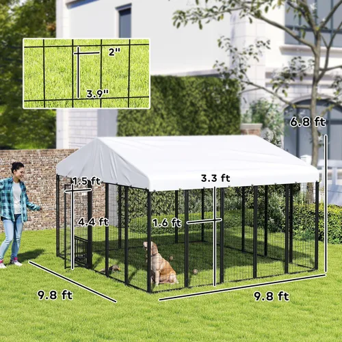 Vista 7 de PawHut Perrera para perros al aire libre de 10 x 10 x 6 pies, alambre soldado con cuencos giratorios de 360°, cubierta impermeable y resistente a