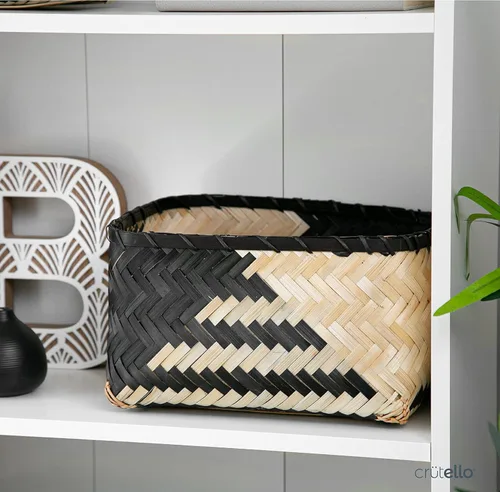 Vista 5 de Crutello Cestas de almacenamiento de bambú tejidas, juego de 3 cestas de bambú con patrón negro y natural para almacenamiento, cesta bohemia
