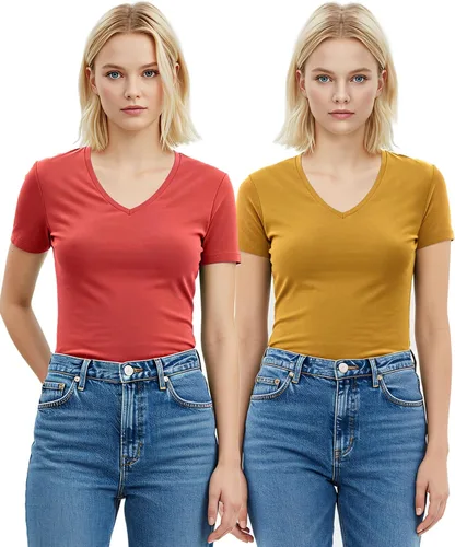 Vista 196 de Emmalise Camiseta de manga corta para mujer, cuello en V, tallas junior y plus