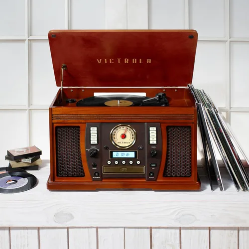 Vista 4 de Victrola Aviator - Reproductor de discos Bluetooth 8 en 1 y centro multimedia con altavoces estéreo incorporados, tocadiscos de 3 velocidades