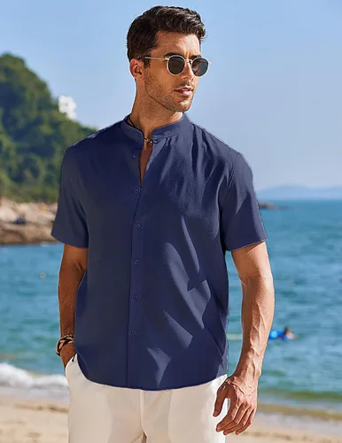 Vista 3 de COOFANDY Men's Short Sleeve Linen Shirt Band Collar Button Down Shirts Summer Beach Shirt