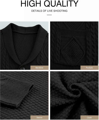 Vista 5 de JMIERR Suéter casual de manga larga con cuello de chal y botones para hombre con bolsillos