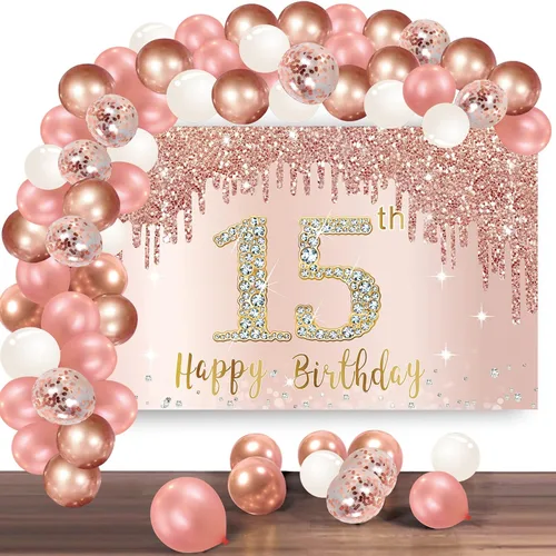 Vista 10 de Cartel de feliz cumpleaños 13 con arco de guirnalda de globos de confeti, juego de globos de oro rosa para niñas, póster de cumpleaños rosa de 13