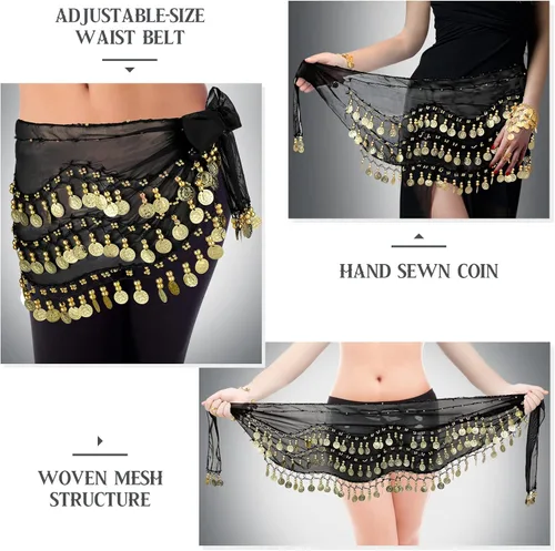 Vista 4 de Eurzom Disfraz de gitana para mujer, accesorios para danza del vientre, bufanda de cabeza gitana con monedas, bufanda de cadera gitana, conjunto