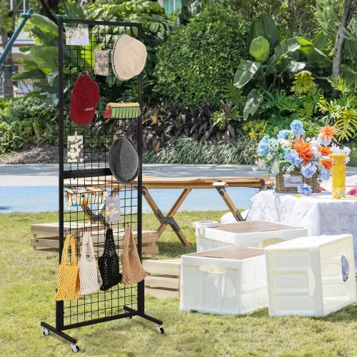 Vista 7 de Paneles de pared de rejilla de 1.8 x 5.7 pies, rejilla de alambre de pie, estante de exhibición con ruedas base en T, panel de rejilla independiente