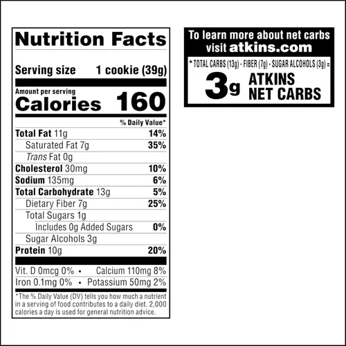 Vista 8 de Atkins Galleta de proteína con chispas de chocolate, postre proteico, rico en fibra, 0.11 onzas de carbohidratos netos, 0.04 oz de azúcar, apto