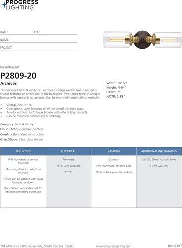 Vista 18 de Archives Collection - Lámpara de tocador de baño de cristal transparente con 2 luces, bronce antiguo