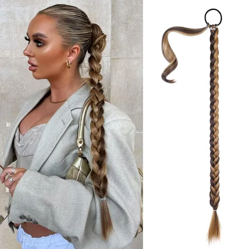 Vista 19 de SEIKEA Extensión de cola de caballo de trenza larga mejorada con lazo elástico, lacio, elegante extensiones de cabello trenzado envolvente