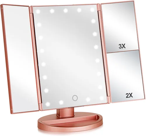 Vista 9 de Flymiro Espejo de tocador iluminado de tres pliegues con aumento 3x/2x, 21 luces LED y pantalla táctil, espejo cosmético de encimera con rotación