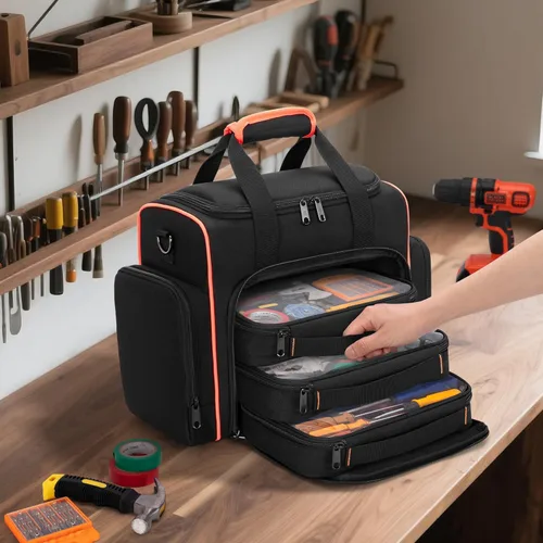 Vista 6 de Bolsa de herramientas Marscamd con 3 estuches extraíbles, bolsa de herramientas de 2 capas para herramientas manuales, negra con ribete rojo