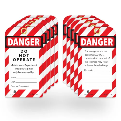 TRADESAFE Etiquetas de Bloqueo y Etiquetado - 10 Etiquetas de Peligro No Operar con 10 Abrazaderas de Nylon, Vinilo Premium de 32 mil, Etiquetas