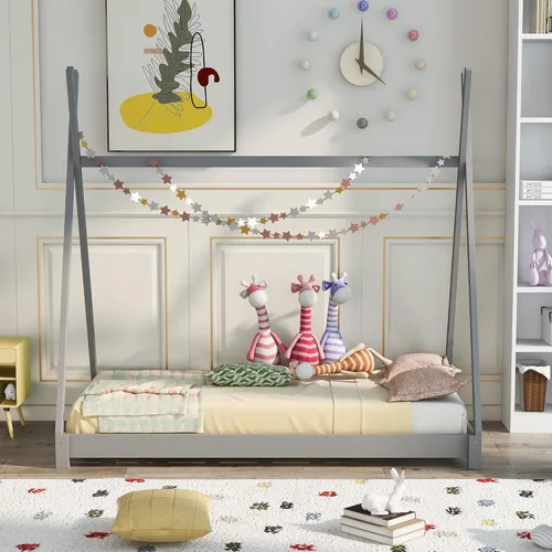 Vista 18 de Harper & Bright Designs Cama de casa para niños, cama individual de madera con cabecera y estribo, marco de cama individual para niños pequeños