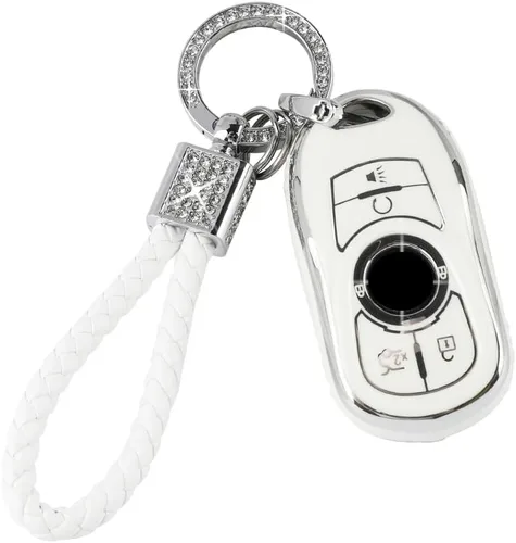 Vista 21 de PIFOOG Funda para llavero de TPU con cadena de llaves brillante, fundas de protección de botones para llaves de entrada sin llave, blanco plateado