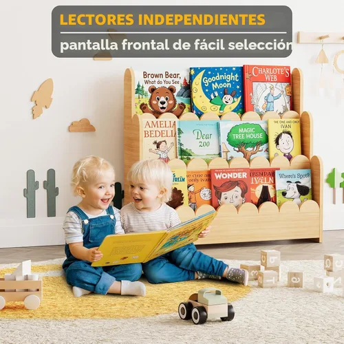 Vista 3 de SpaceAid - Estantería de 3 niveles con forma de escalope, estantería Montessori para niños pequeños, estantería de madera para organizar libros
