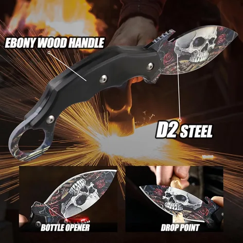 Vista 5 de Hoja fija, cuchillo táctico de espiga completa de 8.7 pulgadas con funda de cuero, mango de madera de ébano, supervivencia al aire libre