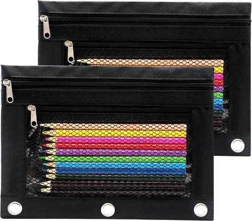 Cinvo Estuche para lápices de 3 anillos con cremallera, estuche de lona con 2 compartimentos (juego de 2, negro)