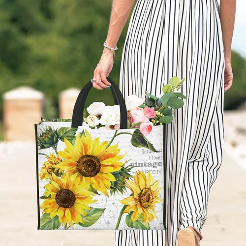 Vista 8 de NymphFable Paquete de 5 bolsas de compras reutilizables con flores de sol, lavables, bolsas de tela