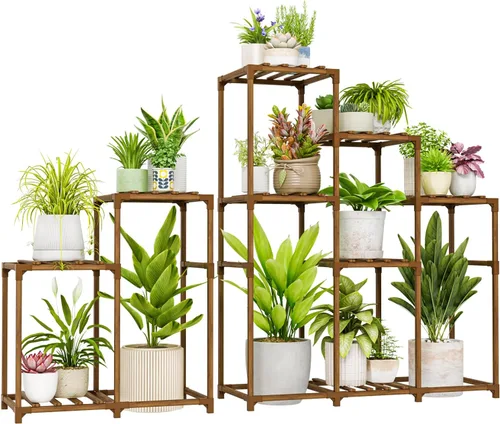 Vista 13 de Bamworld - Soporte para plantas de interior, estante de madera de exterior para múltiples plantas, soporte escalonado de 3 niveles para sala