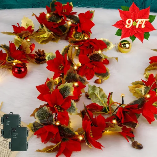 Vista 9 de Guirnalda de Navidad de Pascua de Glintoper, guirnaldas artificiales iluminadas de 5.9 pies con 36 flores rojas, luces de cadena de Pascua operadas